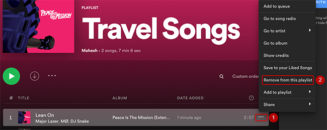 Click the three dots next to a song and choose "Remove from This Playlist" in Spotify.