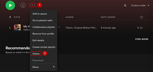 Click the three dots and select "Delete" for a playlist in Spotify.