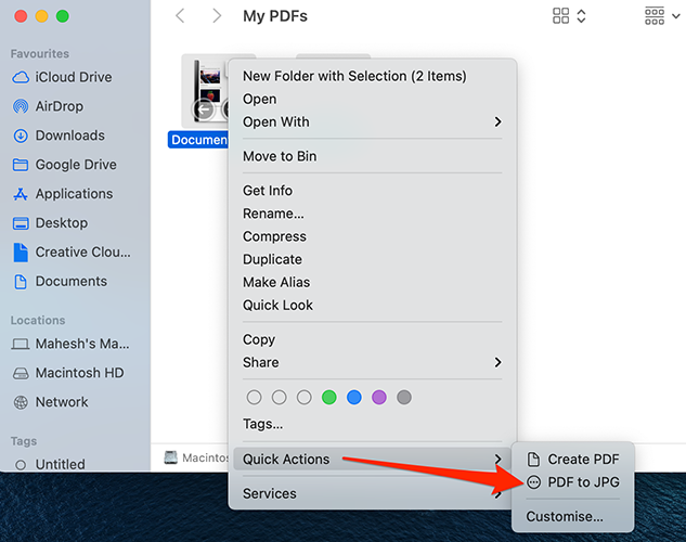 Select Quick Actions > PDF to JPG in Finder.