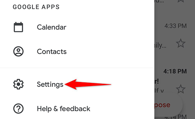 Tap "Settings" in the hamburger menu of the Gmail app.