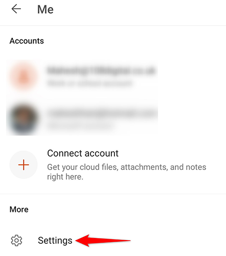 Select "Settings" on the "Me" screen in Microsoft Office.