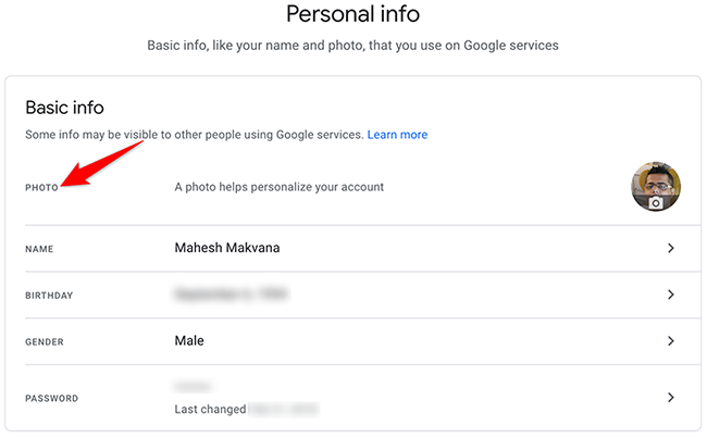 Select "Photo" on the "Personal Info" page of the Google Account site.