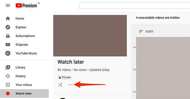 Click the three-dots menu on YouTube's "Watch Later" page.