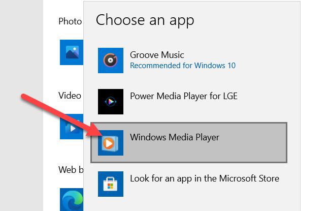 Choose "Windows Media Player" from the list.