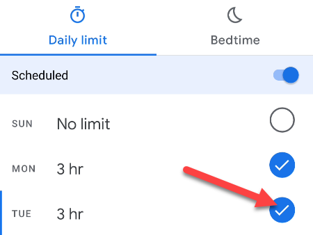 Select the days for time limits.