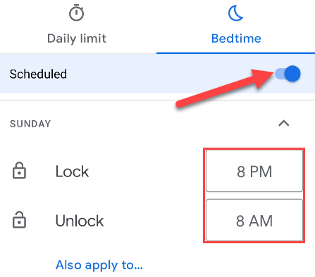 Turn on Bedtime schedule and set the times.