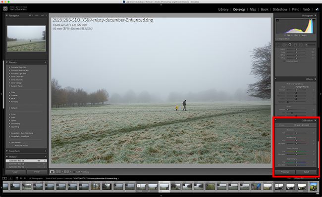 calibration panel highlighted in lightroom