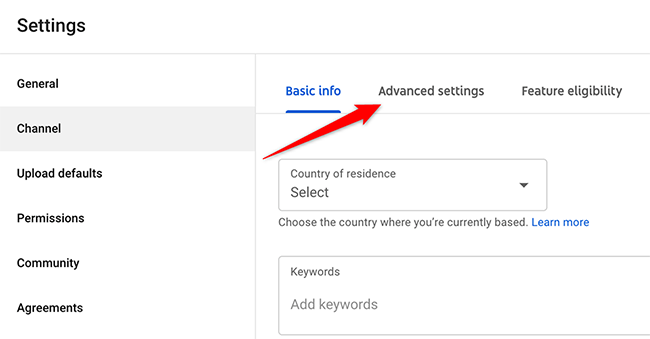 Click "Advanced Settings" in the "Settings" window on the YouTube Studio site.
