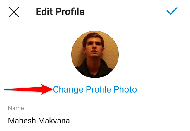 Tap "Change Profile Photo" on the "Edit Profile" page in the Instagram app.