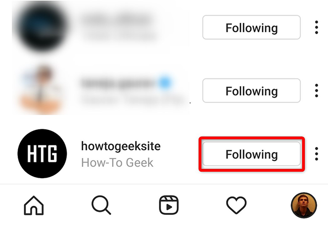 Tap "Following" next to an account in the Instagram app.