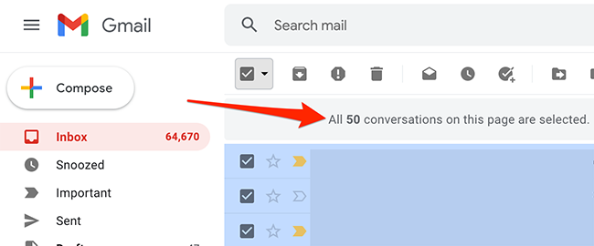 All on-screen emails are selected in Gmail.