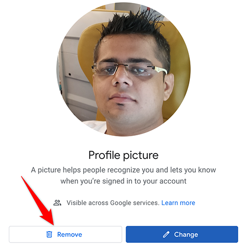 Click "Remove" in the profile picture window on the Google Account site.