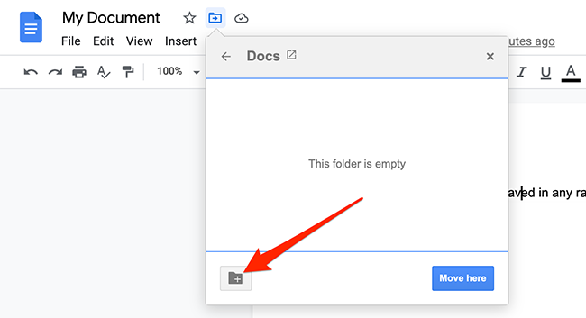 Click the "New Folder" option in the move menu on the Google Docs site.