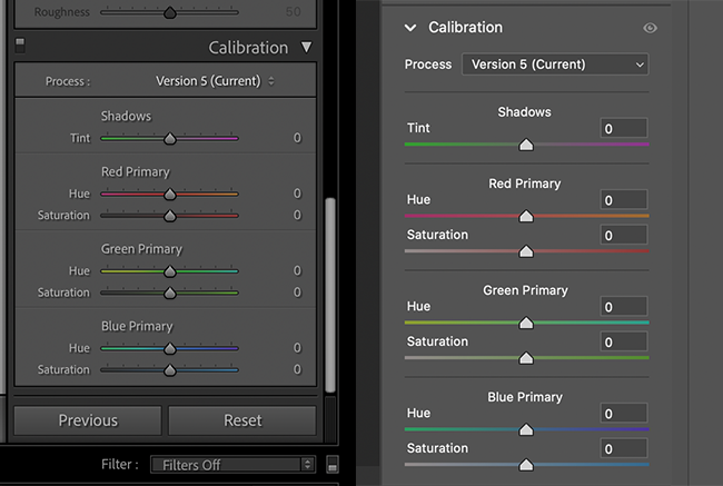 calibration panel in lightroom and acr side by side