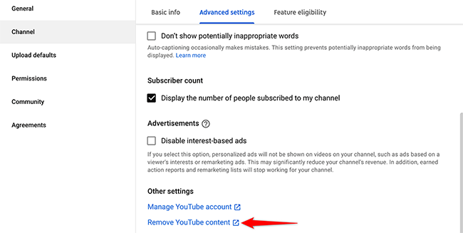 Select "Remove YouTube Content" in the "Settings" window on the YouTube Studio site.
