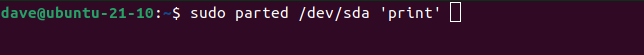 sudo parted /dev/sda 'print' in a terminal window