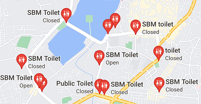 Public restrooms highlighted on a map in the Google Maps app.