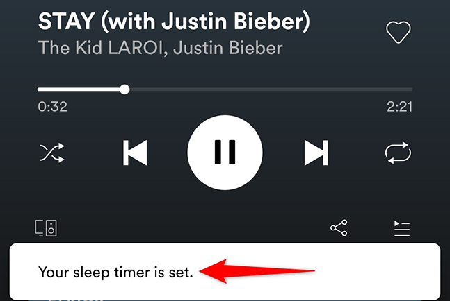 The "Your Sleep Timer is Set" message in the Spotify app.