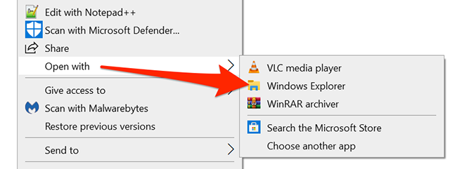 Right-click the ZIP archive and select Open With > Windows Explorer.