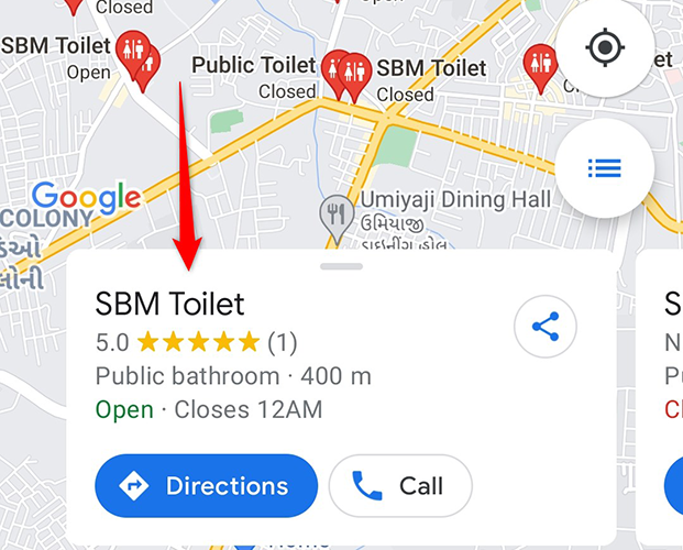 Details for a restroom in the Google Maps app.