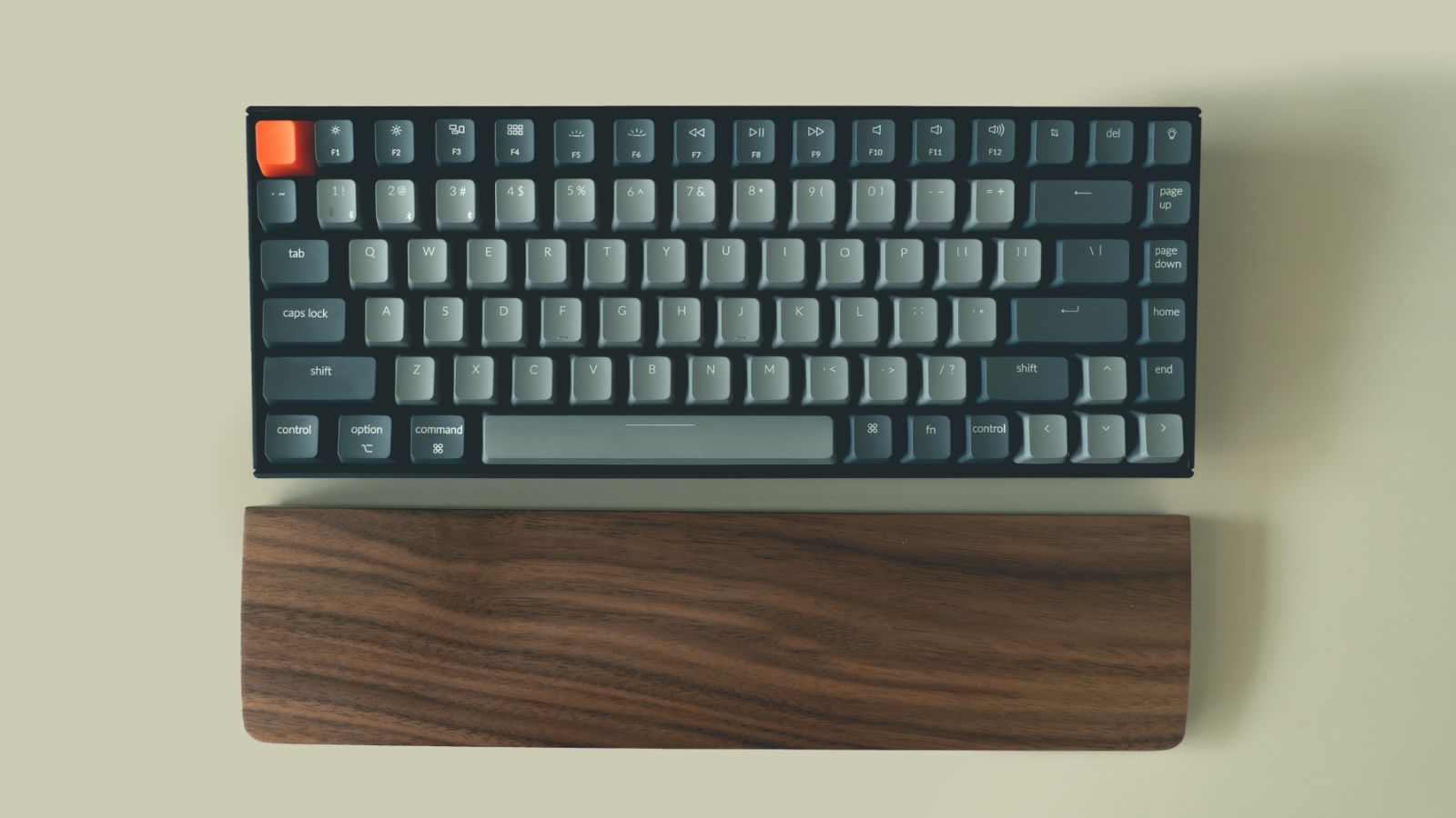 75% mechanical keyboard with a wooden wrist rest