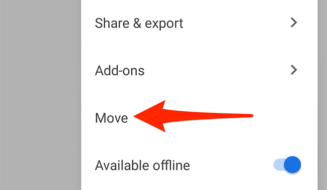 Select "Move" in the three-dots menu of the Google Docs app.