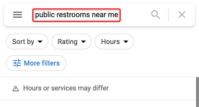 Search for "public restrooms near me" on the Google Maps site.