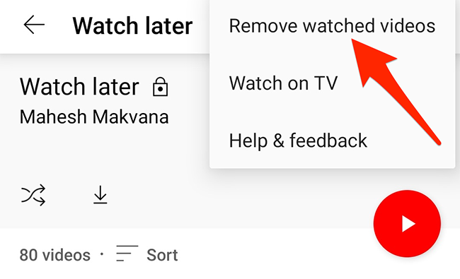 Select "Remove Watched Videos" from the three-dots menu on the "Watch Later" page of the YouTube app.