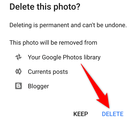 Select "Delete" in the "Delete This Photo" prompt on the Google Account site.