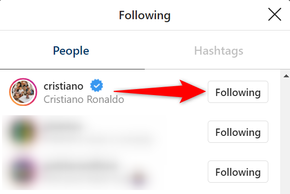 Select "Following" next to an account in the "Following" window on the Instagram site.