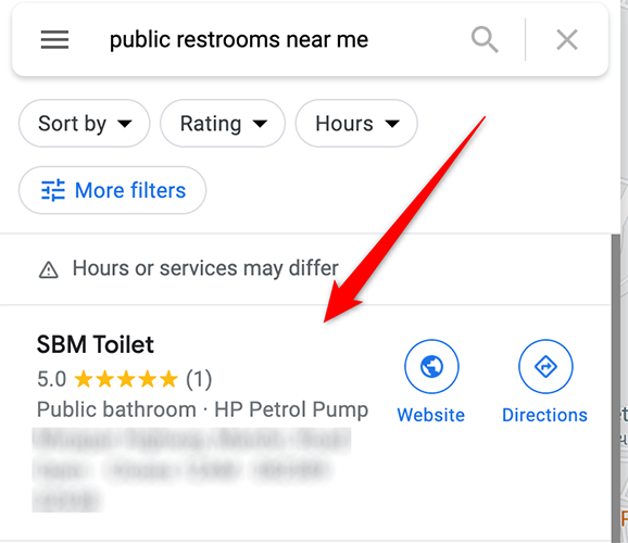 A list of public restrooms on the Google Maps site.