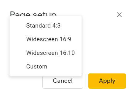 A list of slide size options.