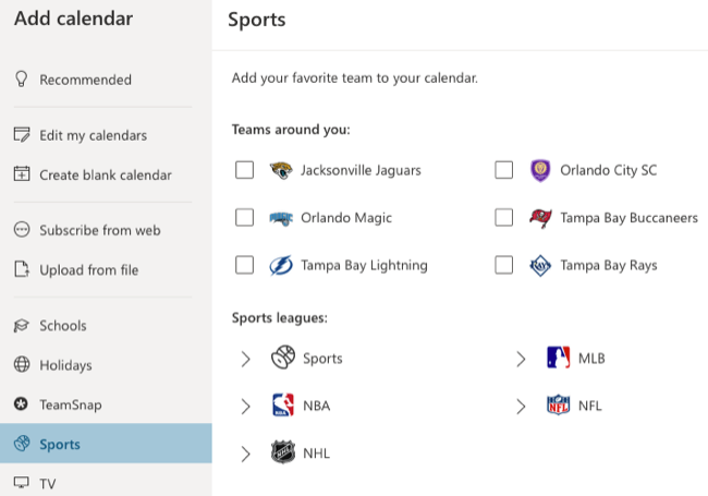 Sports calendar options