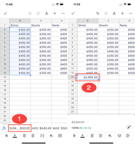 Tap a calculation to add the formula to the sheet