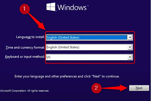 Choose language to install, time and currency format, and keyboard and input method.