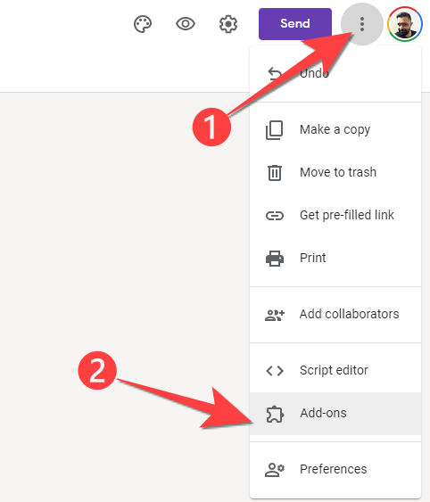 Click the three-dots menu in the top-right-corner and select "Add-ons" from the drop-down