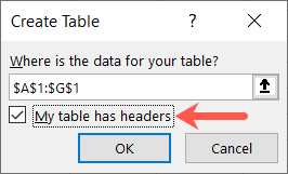 Check the table has headers box