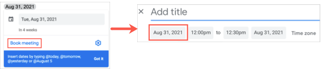 Click Book Meeting to schedule an event in Google Calendar