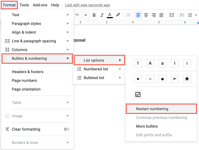 Click Format, Bullets and Number, List Options, Restart Numbering