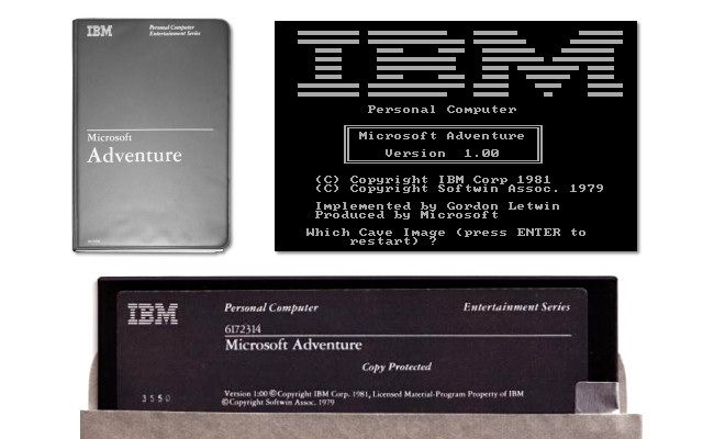 Microsoft Adventure manual, disk, and screenshot for the IBM PC.