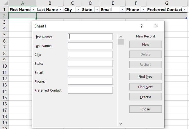 Open the data entry form in Excel