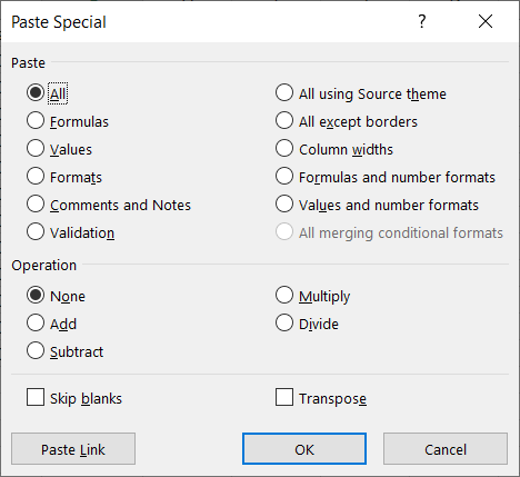 Paste Special options