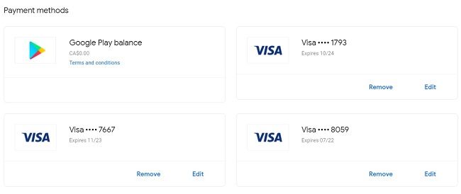 Viewing your payment methods in the Google Pay menu