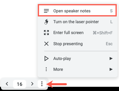 Click Options, Open Speaker Notes