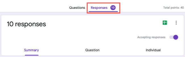 Number of quiz responses on tab