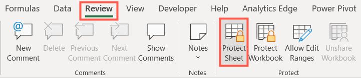 On the Review tab, click Protect Sheet