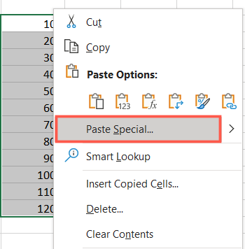 Right-click and pick Paste Special