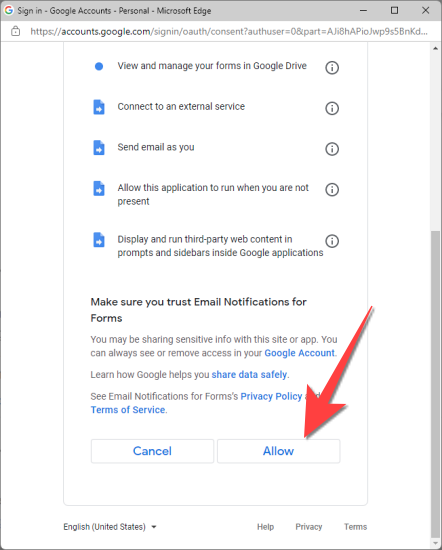 Choose the relevant Gmail account and select "Allow."