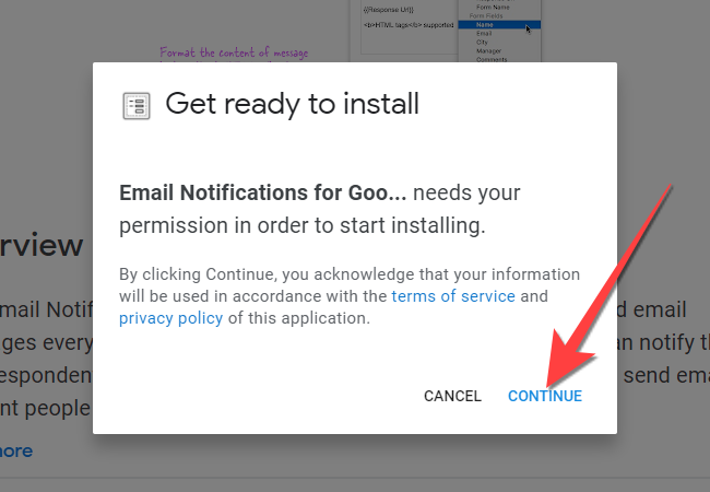 Select "Continue" to permit the add-on to access your Gmail account details.