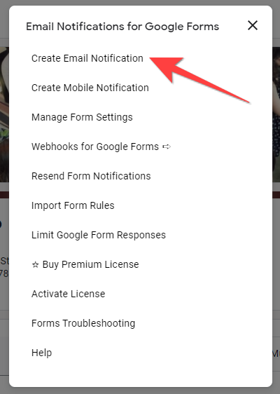 Select "Create Email Notification" from the floating window pop up.